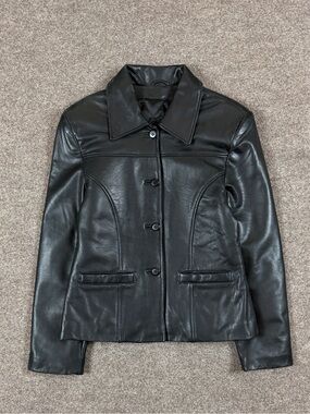 Vintage Black Genuine Leather Button Front Collared Short Jacket Women’s M/L Y2K
